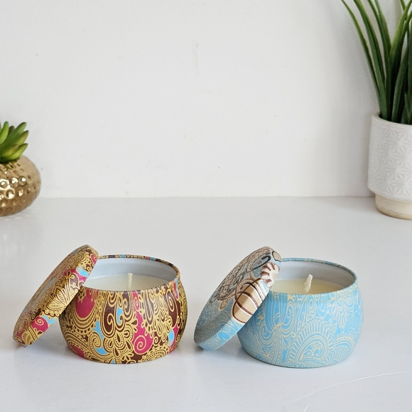 2 New Aromatherapy Bohemian Tin Candles Natural Soy Wax Mediterranean Fig, Lemon - Picture 2 of 12